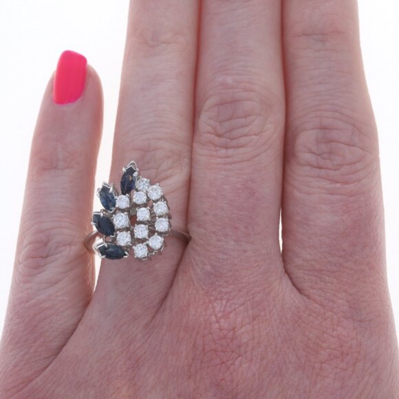 White Gold Diamond Sapphire Vintage Cluster Cocktail Ring 18k Rd 1.86ctw Floral - Picture 2 of 6